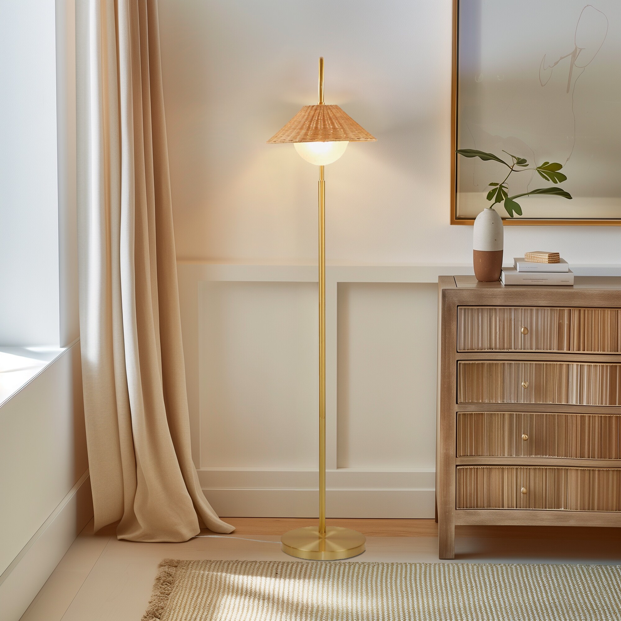 INK IVY Laguna Rattan Weave Shade Floor Lamp Gold Natural